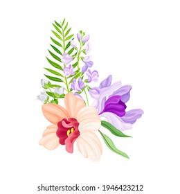 Pink Orchid Bloom with Labellum Arranged with Floral Branches Vector Illustration