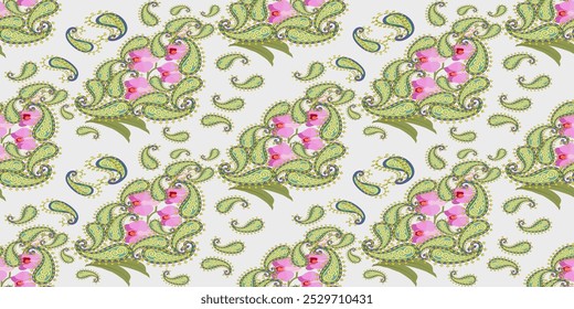 Pink orchid embroidery pattern, green paisley ikat seamless geometric pattern. Blue background illustration, vector, wallpaper border.