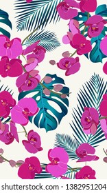 Pink orchid floral seamless pattern with tropical leaves on white background.