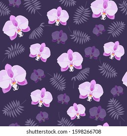 Pink orchid flowers and palm branch on the purple background vector seamless pattern