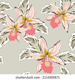 Pink orchid flowers, palm leaves, beige background. Vector floral seamless pattern. Tropical illustration. Exotic plants. Summer beach design. Paradise nature