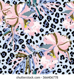 Pink orchid flowers with palm leaves on the leopard skin background. Vector seamless pattern with tropical plants and animal print. Serenity and pink.