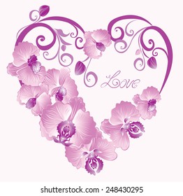 Pink orchid flowers in shape of a heart. Wedding or Valentines day invitation card. Vector illustration