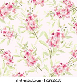 Pink orchid and green leaf pattern,illustration vector doodle comic art.