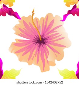 Pink Orchid. Pink Hibiscus. Vector illustration. Seamless background pattern. Floral botanical flower. Wild leaf wildflower isolated. Exotic tropical hawaiian jungle. Fabric wallpaper print texture.