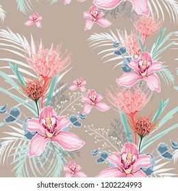 Pink orchid, protea, herbs, succulent, palm leaves and greenery seamless pattern. Wedding flowers for tropical invitation card design on brown background. Boho rustic style.