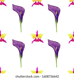 Pink Orchid. Purple Calla. Vector illustration. Seamless background pattern. Floral botanical flower. Wild leaf wildflower isolated. Exotic tropical hawaiian jungle. Fabric wallpaper print texture.