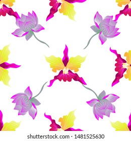 Pink Orchid. Purple Lotus. Vector illustration. Seamless background pattern. Floral botanical flower. Wild leaf wildflower isolated. Exotic tropical hawaiian jungle. Fabric wallpaper print texture.