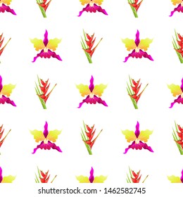 Pink Orchid. Red Heliconia Bihai. Vector illustration. Seamless background pattern. Floral botanical flower. Wild leaf wildflower isolated. Exotic tropical hawaiian jungle. Fabric wallpaper print.