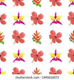 Pink Orchid. Red Hibiscus. Orange Heliconia. Vector illustration. Seamless background pattern. Floral botanical flower. Wild leaf wildflower isolated. Exotic tropical hawaiian jungle. Fabric.
