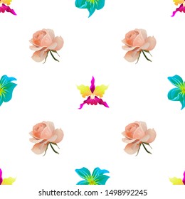Pink Orchid. Pink Rose. Green Plumeria. Vector illustration. Seamless background pattern. Floral botanical flower. Wild leaf wildflower isolated. Exotic tropical hawaiian jungle. Fabric wallpaper.
