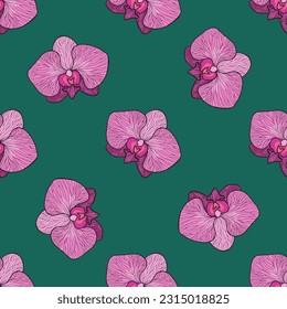 pink orchid seamless pattern on a green background