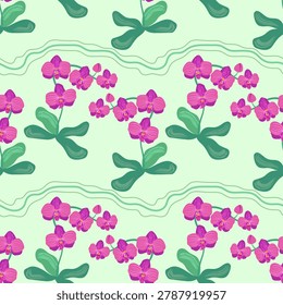 Pink orchid seamless pattern vector illustration. Blooming moth orchid branches with leaves on mint green background. Greenhouse exotic plant. Tropical botanical phalaenopsis repeat tile design