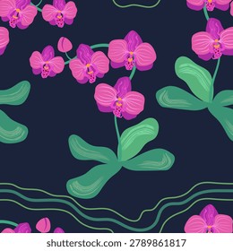 Pink orchid seamless pattern vector illustration. Blooming moth orchid branches with leaves on dark blue background. Greenhouse exotic plant. Tropical botanical purple phalaenopsis repeat tile design