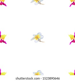 Pink Orchid. White Plumeria. Vector illustration. Seamless background pattern. Floral botanical flower. Wild leaf wildflower isolated. Exotic tropical hawaiian jungle. Fabric wallpaper print texture.