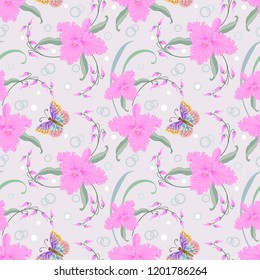 Pink orchids and butterfly seamless pattern fabric textile wallpaper.