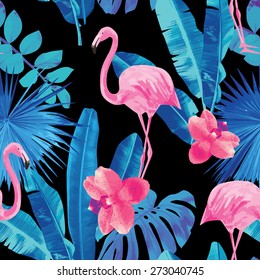 pink orchids, flamingo and blue palm leaves seamless background