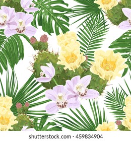 Pink orchids, flowering prickly pear and tropical leaves. Vector seamless pattern on white background.