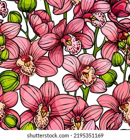 Pink orchids on white background, seamless vector pattern. hand drawn illustration. Exotic tropical flowers