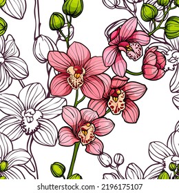 orquídeas rosas sobre fondo blanco, patrón vectorial sin fisuras. ilustración dibujada a mano. Flores tropicales exóticas