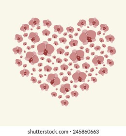 Pink orchids shaped into heart on light beige background