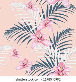 Pink orchids and tropical leaves. Seamless pattern. Vector light pink background.