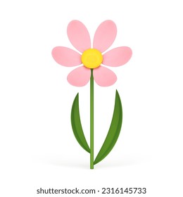 Pink organic fresh chamomile natural flower stem curved leaves 3d icon realistic vector illustration. Romantic floral plant girlish elegant floristic composition beauty cosmetic love wedding decor