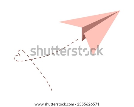 Pink origami airplane and its trace in the form of a heart on a white background. Vector illustration