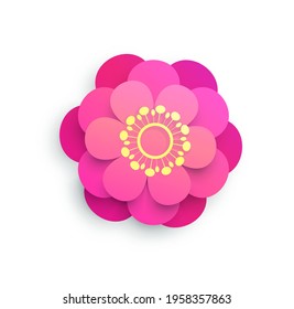 Pink origami blooming flower bud isolated on white background