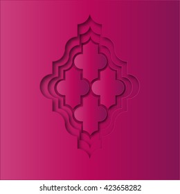 Pink Origami  card with geometric graphic arabic arabesque pattern. Vector illustration.