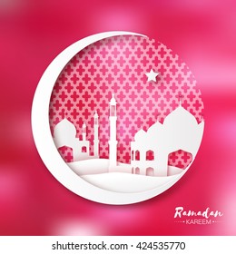 Pink Origami Crescent Moon with Mosque. Ramadan Kareem Greeting card with arabic arabesque pattern. Holy month of muslim. Symbol of Islam. Paper landscape. Applique Vector illustration