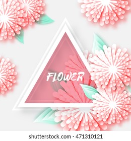 Pink Origami Floral Greeting card. Holiday background with paper cut triangle Frame Flowers. Happy Mother's and GrandMother's Day. Beautiful bouquet. Trendy Design Template. Vector illustration.