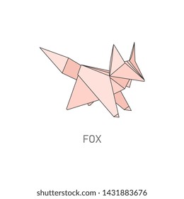 Pink origami fox, creative wild animal shape folded from paper isolated on white background, cute cartoon figure design symbol - flat vector illustration