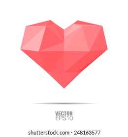 Pink origami heart on white background with shadow. Vector Illustration. Abstract polygonal heart. Love symbol. Low-poly colorful style. Romantic background for Valentines day. Eps 10