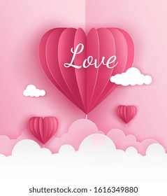 Pink origami paper in balloon heart shape flying on the sky over the cloud in Valentine's day with label text LOVE. Vector illustration art design in paper pop up or paper cut style.