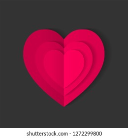 Pink origami paper heart isolated on black background. Valentines day concept. Love, feelings, tenderness design. Vector illustration