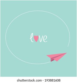 Pink origami paper plane. Round dash frame in the sky. Love card. Vector illustration.