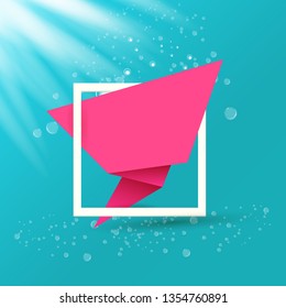 Pink origami ribbon speech bubble or banner isolated on azure background with summer sun lights. Ribbon banner, scroll, price tag, sticker, badge, poster. Vector cover design template