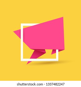 Pink origami speech bubble or banner isolated on orange background. Ribbon banner, scroll, price tag, sticker, badge, poster. Vector cover design template
