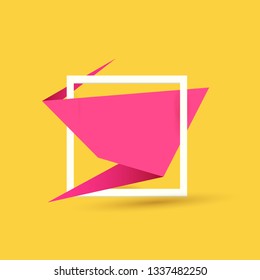 Pink origami speech bubble or banner isolated on orange background. Ribbon banner, scroll, price tag, sticker, badge, poster. Vector cover design template