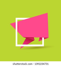 Pink origami speech bubble or banner isolated on green background. Ribbon banner, scroll, price tag, sticker, badge, poster. Vector cover design template 