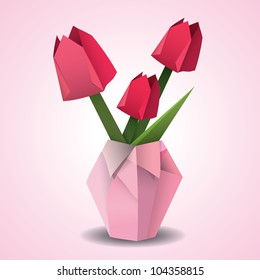 Pink origami vase of tulips