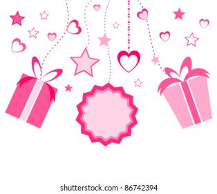 Pink ornament with presents, stars and hearts