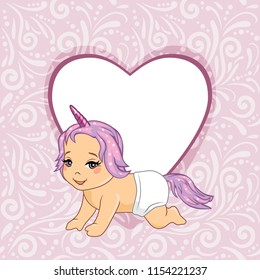 Pink ornamental background with happy baby for scrapbook. Vector