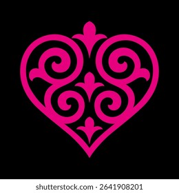 Pink ornamental heart on black background. Traditional ethnic swirl pattern, symmetrical and decorative, ideal for design, print, and cultural art projects.