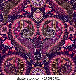 Pink ornamental seamless pattern. Background with decorative flowers and paisley elements