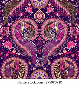 Pink ornamental seamless pattern. Background with decorative flowers and paisley elements
