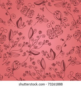 Pink ornate floral seamless pattern with butterflies