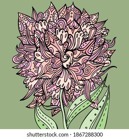 Pink ornate flower with a face. Fairytale floral princess, goddess. Tribal boho tattoo. Vector coloring page. Woman's face surrounded by flower petals and ornaments.