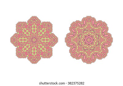 Pink ornate lacy vintage background. Circle background with many details. 